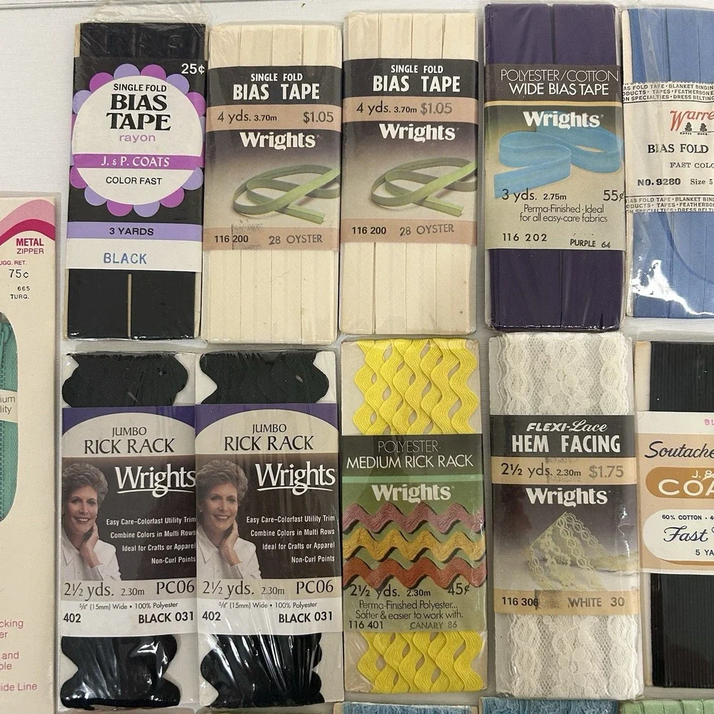 Lot of 25 Vintage Zippers, Bias Tape, Stretch Lace, Rick Rack & More Variety NEW